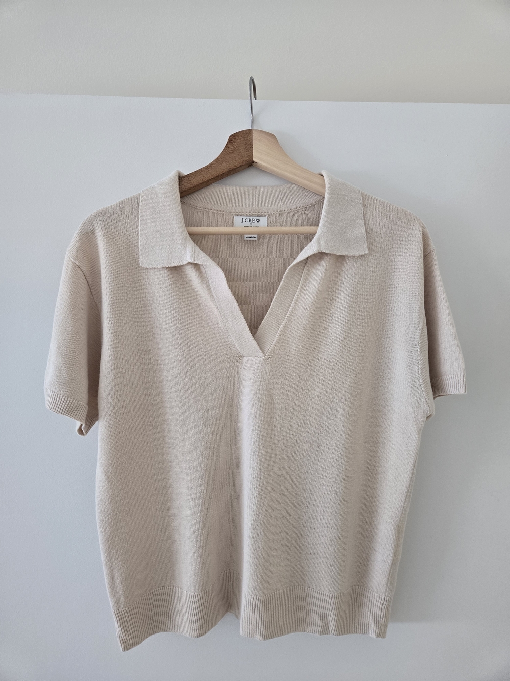 J. Crew Neutral Beige Open V Polo Knit Top Sz S Linen Blend